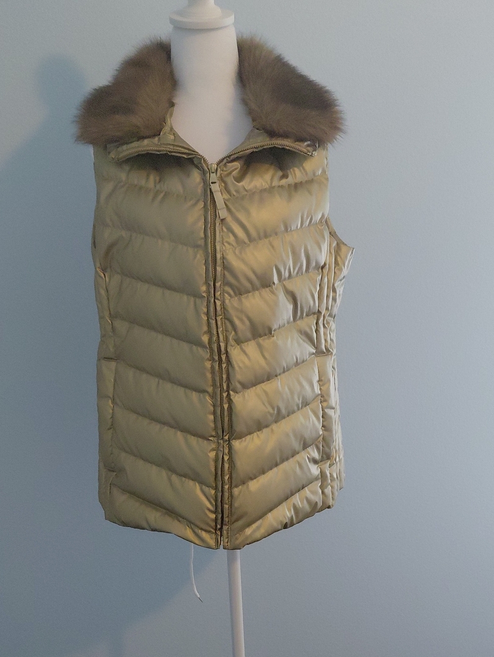 Talbots Gold Quilted Puffer Vest with Faux Fur Collar